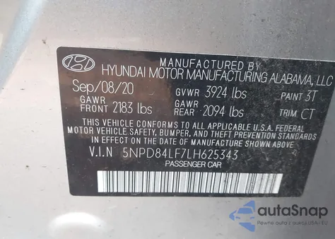 2020 Hyundai Elantra Sel z USA, uszkodzony, nr VIN 5NPD84LF7LH625343